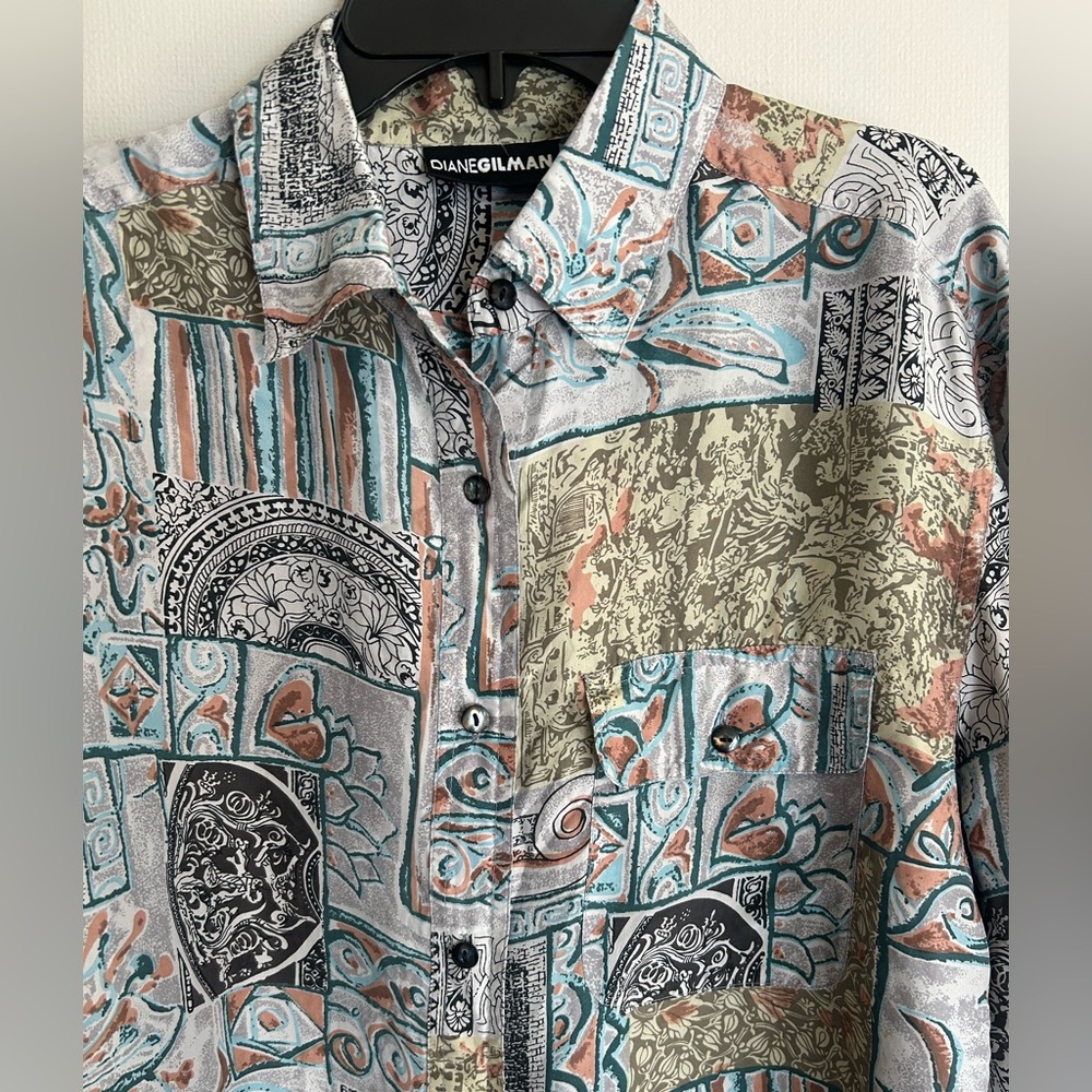 VINTAGE DIANE GILMAN 90s Silk Tapestry Button Top Oversized Lagenlook Art Wear M - Picture 8 of 13